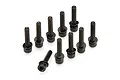 A set of ten black metal cap head screws with washers arranged on a white background.