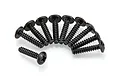 A set of ten black metal button head screws with coarse threads arranged in a semi-circle on a white background.