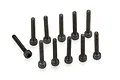 A set of ten black metal cap head screws arranged on a white background.