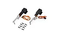 Two E-Flite electric retract landing gear units with metal struts and black plastic housings, accompanied by a set of mounting screws on a white background.