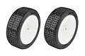 Two Team Associated 2.2-inch front RC buggy tyres pre-mounted on white dish rims against a white background.