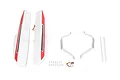 A set of white and red RC plane floats with metal mounting struts, plastic rods, and a small bag of screws on a white background.