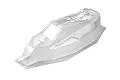 A clear, unpainted polycarbonate RC buggy body shell viewed from a high angle against a white background.