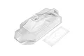 A clear, unpainted XRAY 1/10 scale RC buggy body shell with a separate sheet of window masks on a white background.