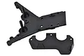 Two black molded plastic RC car parts, likely a front skid plate and bumper mount, isolated on a white background.