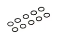 Ten small black rubber O-rings arranged in two rows on a white background.