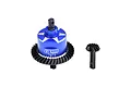 A blue anodized aluminium differential housing with a black steel ring gear and a separate black steel pinion gear for an RC vehicle.