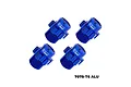 Four blue anodized aluminium GPM Racing wheel hex adapters arranged on a white background.