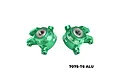 A pair of green GPM Racing aluminium front steering hubs with pre-installed bearings, marked L and R, against a white background.