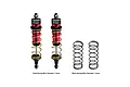 Two GPM Racing red aluminium adjustable RC shock absorbers with gold springs and two additional black replacement springs on a white background.