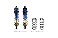 Two GPM Racing blue and black adjustable RC shock absorbers with gold springs installed, plus two spare black springs on a white background.