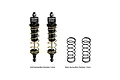 Two GPM Racing black aluminium adjustable rear shocks with gold springs, plus two additional black spare springs on a white background.