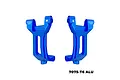 A pair of blue anodized aluminium RC front hub carriers (C-hubs) marked with R and L for right and left sides, featuring GPM Racing branding.