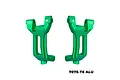 A pair of bright green anodized aluminium front hub carriers for RC cars, marked with R and L for right and left sides.