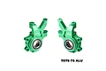A pair of green anodized aluminium front steering hubs for RC cars by GPM Racing, marked with L and R for left and right sides.