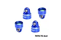 Four blue GPM Racing aluminium shock top caps for RC cars, shown from different angles against a white background.