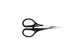 Excel Tools stainless steel curved Lexan scissors with black plastic handles on a white background.