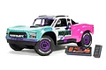 ARRMA Mojave Grom 1/16 scale RC short course truck in teal and pink livery with a Spektrum Smart battery and charger on a white background.