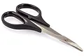 A pair of hobby scissors with black plastic handles and curved metal blades, isolated on a white background.