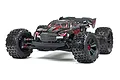 Studio shot of the ARRMA Kraton 8S EXB 1/5 scale RC monster truck in black with red accents, featuring large off-road tires and a rear wing.
