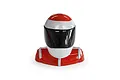 A miniature pilot figure bust wearing a red and white helmet with a black visor, designed for RC aircraft.