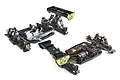 Two TLR 8IGHT-X 2.0 RC buggy chassis side-by-side, one nitro version with engine and exhaust, one electric version with motor and battery.