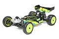 A 1/10 scale TLR 22 5.0 DC Elite RC buggy with a black, neon yellow, and blue painted body, featuring bright yellow wheels and a rear wing.