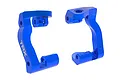 A pair of blue anodized aluminum steering hub carriers for Traxxas RC vehicles, showing left and right components with TRX branding.