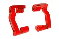 A pair of bright red anodized aluminium steering hub carriers for Traxxas RC vehicles, marked with L and R for left and right sides.