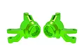 A pair of bright green anodized aluminium steering hubs for an RC vehicle, shown from a side-on perspective against a white background.