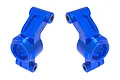 A pair of bright blue anodized aluminium rear hub carriers for an RC car, shown against a plain white background.