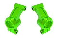 A pair of bright green anodized aluminium rear hub carriers for an RC car, shown from a studio perspective against a white background.