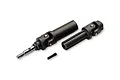 Traxxas WideMaxx Extreme HD CVD driveshaft assembly components including two shaft sections and a small set screw against a white background.