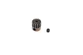 A 15-tooth metal pinion gear and a small black grub screw isolated on a white background.