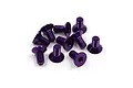 A collection of ten purple anodized aluminium countersunk head screws with hex drive sockets, arranged on a white background.