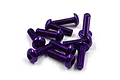 A small pile of purple anodized aluminium button head screws for RC cars on a white background.