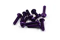 A pile of ten purple anodized aluminium button head screws with hex sockets on a white background.