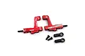A pair of red anodized aluminium front suspension arms for an RC car, including two small black screws and two black ball joint ends.