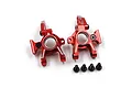 A pair of red anodized aluminium RC rear hubs with four small black screws on a white background.