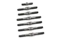 A set of seven silver-coloured metal turnbuckles of varying lengths arranged in a row on a white background.