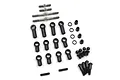 A set of Yeah Racing titanium turnbuckles, black plastic rod ends, ball studs, and small screws arranged on a white background.