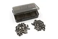 A Yeah Racing titanium screw set featuring a small, translucent grey plastic storage box and two piles of assorted metal hex-head screws on a white background.