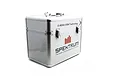 A silver Spektrum branded aluminum transmitter carry case with a top handle and metal latches, set against a white background.