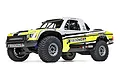 Losi Super Baja Rey 2.0 8S 4WD RC short course truck in yellow and white Brenthel livery on a white background.