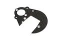A flat, carbon fibre spur gear plate for an RC vehicle, featuring a woven texture and multiple mounting holes.