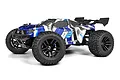 Maverick Quantum2 XT 1/10 scale RC stadium truck in blue and white livery with black off-road tires and rear wing.
