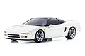 A studio shot of a white Kyosho Mini-Z Honda NSX RC car on a white background, showing its detailed body, black roof, and silver wheels.