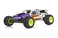 Team Associated RC10GT Richard Saxton Edition 1/10 scale nitro stadium truck with a white, purple, and orange body and neon yellow wheels.