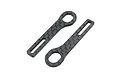Two INOV8 carbon fibre horizontal rear body mount extensions with a woven texture and laser-etched branding.