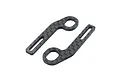 Two carbon fibre RC body mount extensions with a woven texture, featuring a circular mounting hole and an elongated slot.